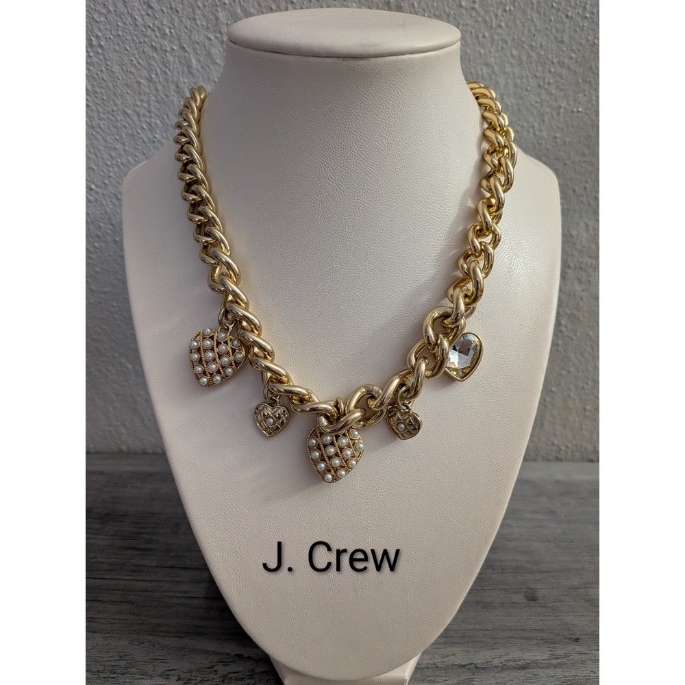 J.Crew Gold Tone Heart Charm Faux Pearl Crystal Chunky Curb Chain Necklace